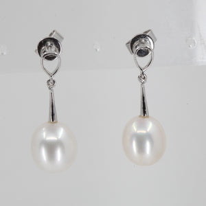 14K White Gold Diamond White Pearl Hanging Earrings D0.01 CT