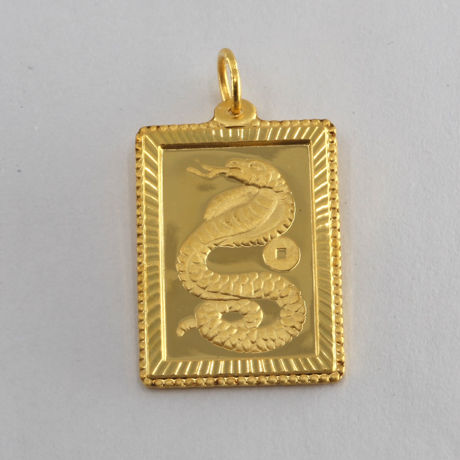 24K Solid Yellow Gold Rectangular Zodiac Snake Hollow Pendant 3.1 Grams
