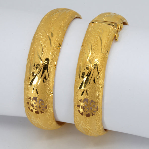 One Pair Of 24K Solid Yellow Gold Wedding Dragon Phoenix Bangles 25.5 Grams