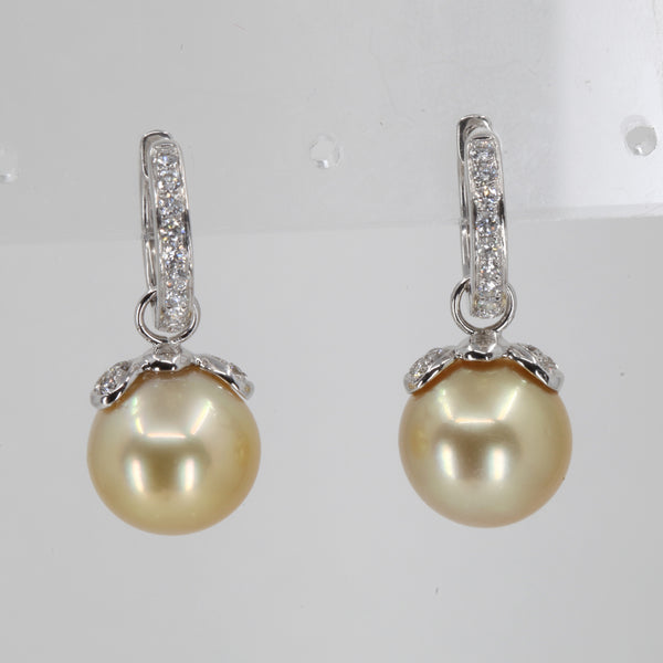 18K White Gold Diamond South Sea Golden Pearl Hanging Earrings D0.56 CT