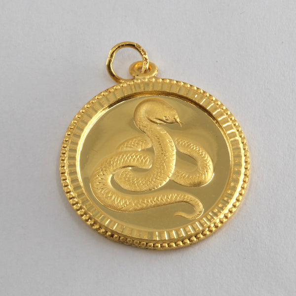 24K Solid Yellow Gold Round Zodiac Snake Hollow Pendant 3.3 Grams