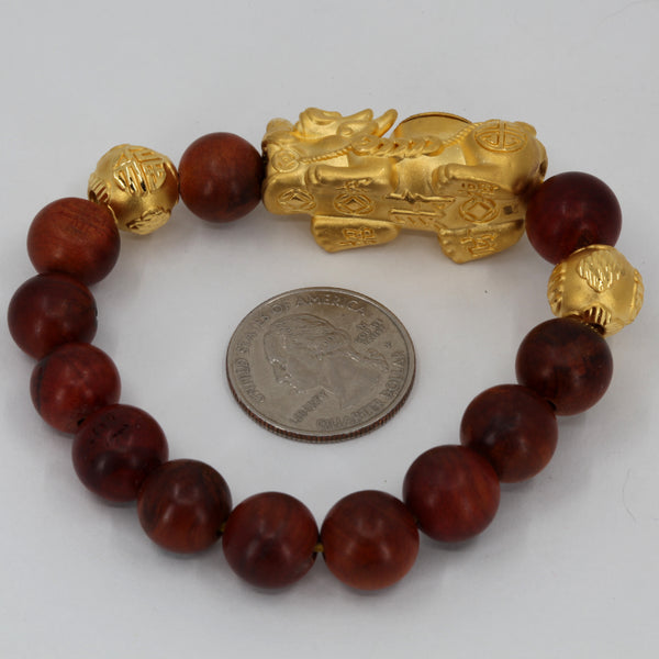 24K Solid Yellow Gold Pi Xiu Pi Yao 貔貅 Brown Obsidian Bracelet 9.86 Grams
