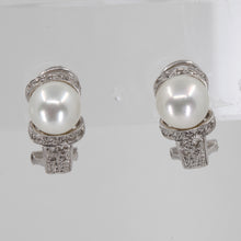 Load image into Gallery viewer, 14K White Gold Diamond White Culture Pearl Hanging French Clip Earrings D0.22 CT
