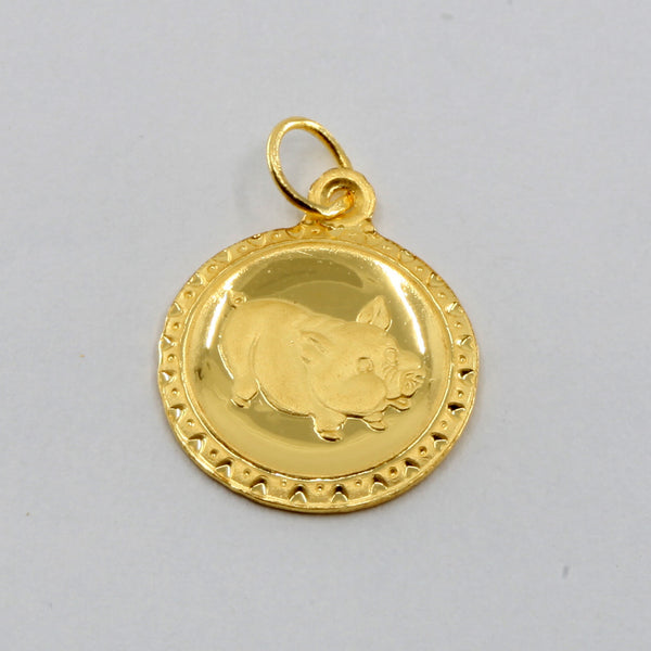 24K Solid Yellow Gold Round Zodiac Pig Hollow Pendant 0.9 Grams
