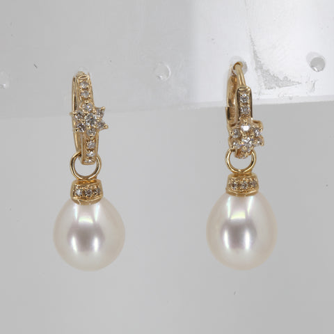 14K Yellow Gold Diamond White Pearl Hanging Earrings D0.23 CT