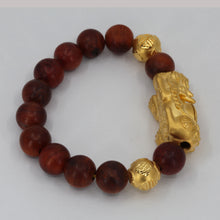 Load image into Gallery viewer, 24K Solid Yellow Gold Pi Xiu Pi Yao 貔貅 Brown Obsidian Bracelet 9.86 Grams
