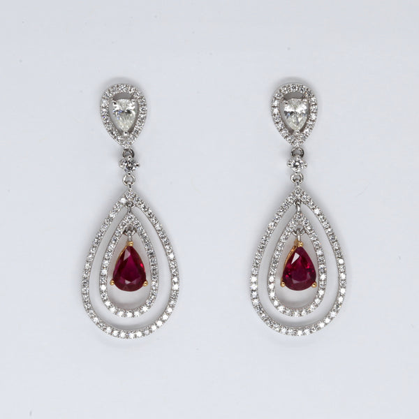 18K Solid White Yellow Gold Diamond Stud Ruby Hanging Earrings D1.36 CT