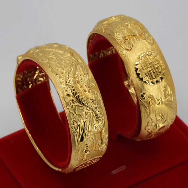 One Pair Of 24K Solid Yellow Gold Wedding Dragon Phoenix Bangles 46.3 Grams
