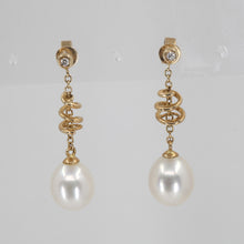 Load image into Gallery viewer, 14K Yellow Gold Diamond White Pearl Hanging Earrings D0.08 CT
