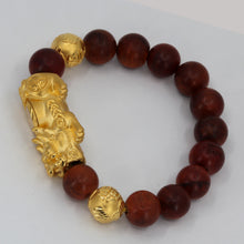 Load image into Gallery viewer, 24K Solid Yellow Gold Pi Xiu Pi Yao 貔貅 Brown Obsidian Bracelet 9.86 Grams
