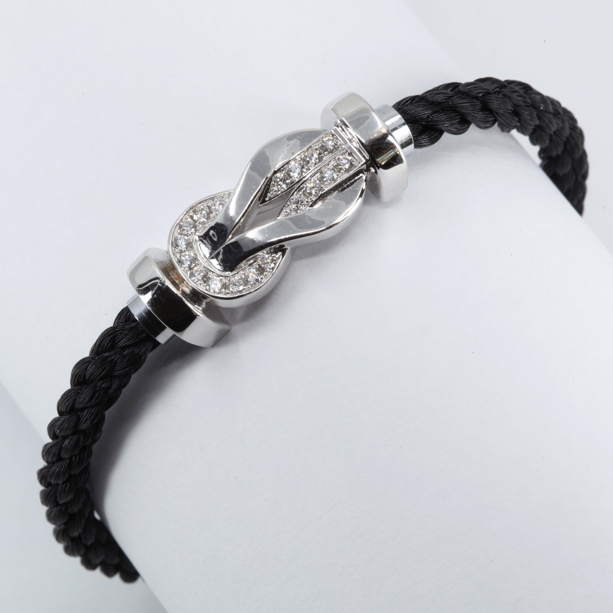 18K White Gold Diamond Black Leather Bracelet D0.36 CT