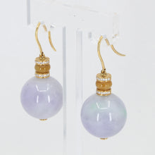 將圖片載入圖庫檢視器 18K Yellow Gold Diamond Purple Round Jade Hanging Earrings D0.18 CT
