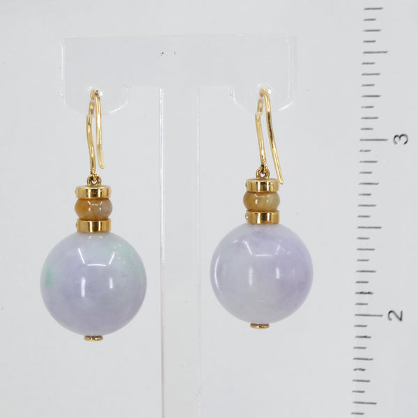 18K Yellow Gold Diamond Purple Round Jade Hanging Earrings D0.18 CT