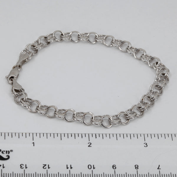 14K Solid White Gold Fancy Design Double Loop Circle Link Bracelet 8" 8.8 Grams