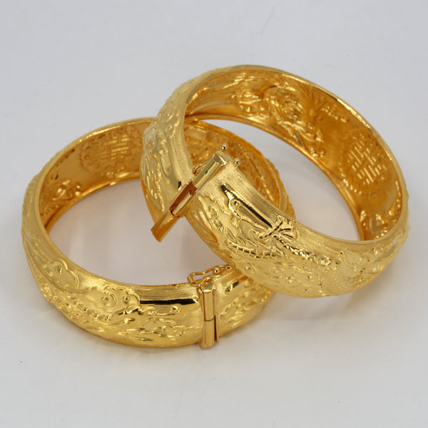 One Pair Of 24K Solid Yellow Gold Wedding Dragon Phoenix Bangles 46.3 Grams