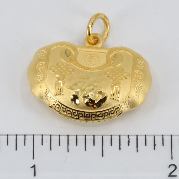 24K Solid Yellow Gold Baby Puffy Longevity Lock Hollow Pendant 4.5 Grams