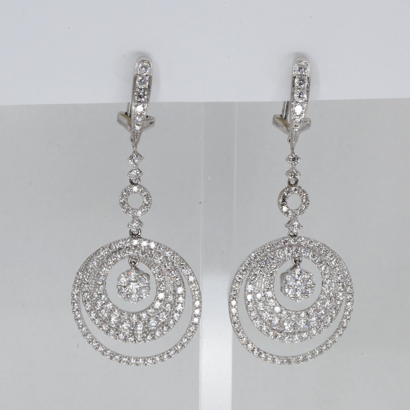 14K White Gold Diamond Circular French Clip Hanging Earrings D3.14 CT