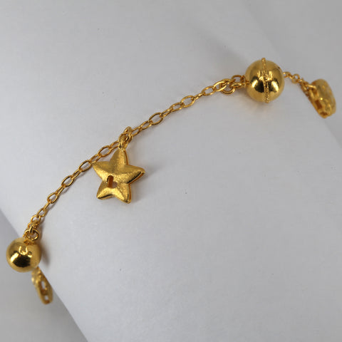 24K Solid Yellow Gold Charm Strawberry Star Ball Bracelet 8.3 Grams