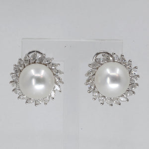 18K White Gold Diamond South Sea White Pearl French Clip Earrings D2.70 CT