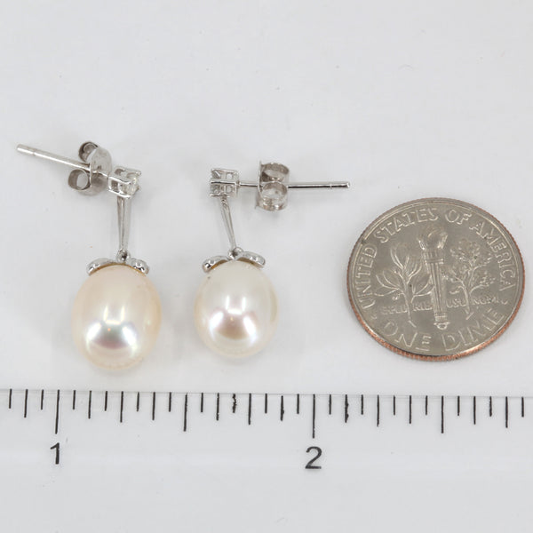 14K White Gold Diamond White Pearl Hanging Earrings D0.21 CT