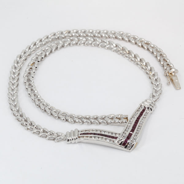 14K Solid White Gold Diamond Ruby Necklace R0.78 CT
