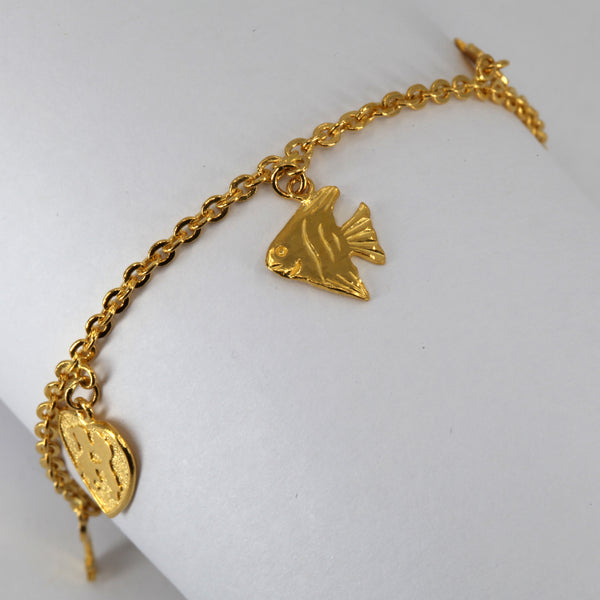 24K Solid Yellow Gold Charm Boat Fish Heart Key Lock Ball Bracelet 10.2 Grams