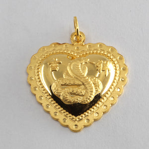 24K Solid Yellow Gold Puffy Heart Zodiac Snake Hollow Pendant 2.6 Grams