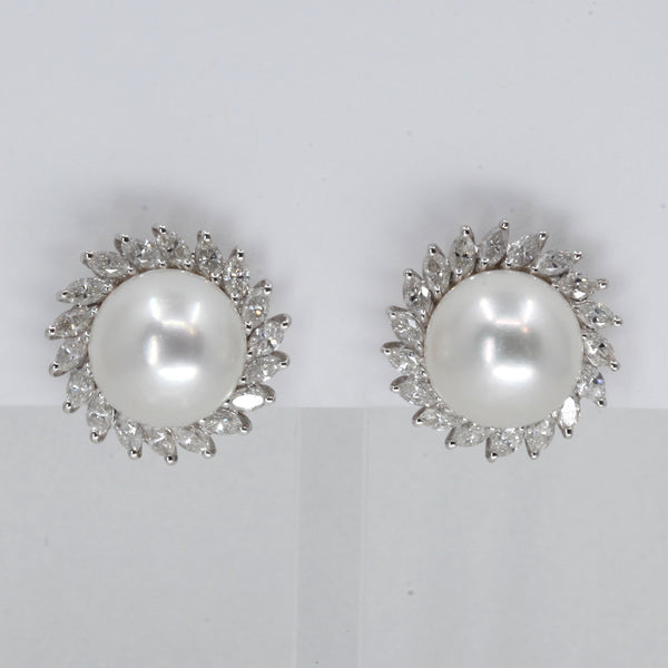 18K White Gold Diamond South Sea White Pearl French Clip Earrings D2.70 CT