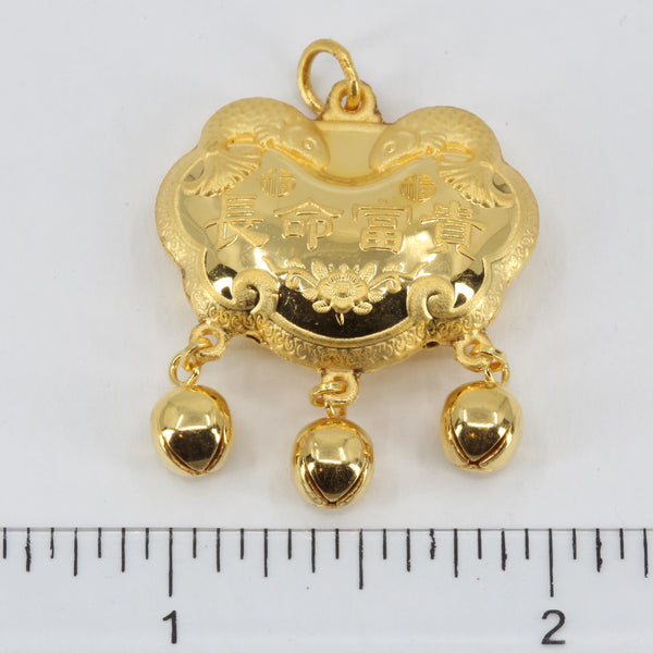 24K Solid Yellow Gold Baby Puffy Dog Longevity Lock with Bells Hollow Pendant 6.4 Grams