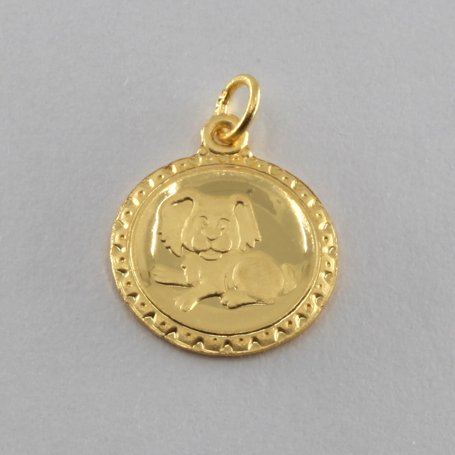 24K Solid Yellow Gold Round Zodiac Dog Hollow Pendant 0.8 Grams