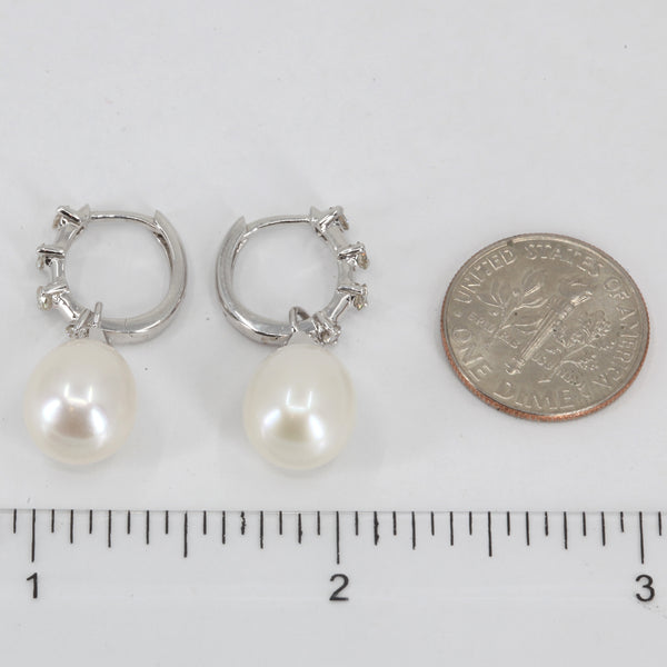14K White Gold Diamond White Pearl Hanging Earrings D0.42 CT