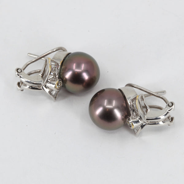 18K White Gold Diamond South Sea Black Pearl French Clip Earrings D0.38 CT