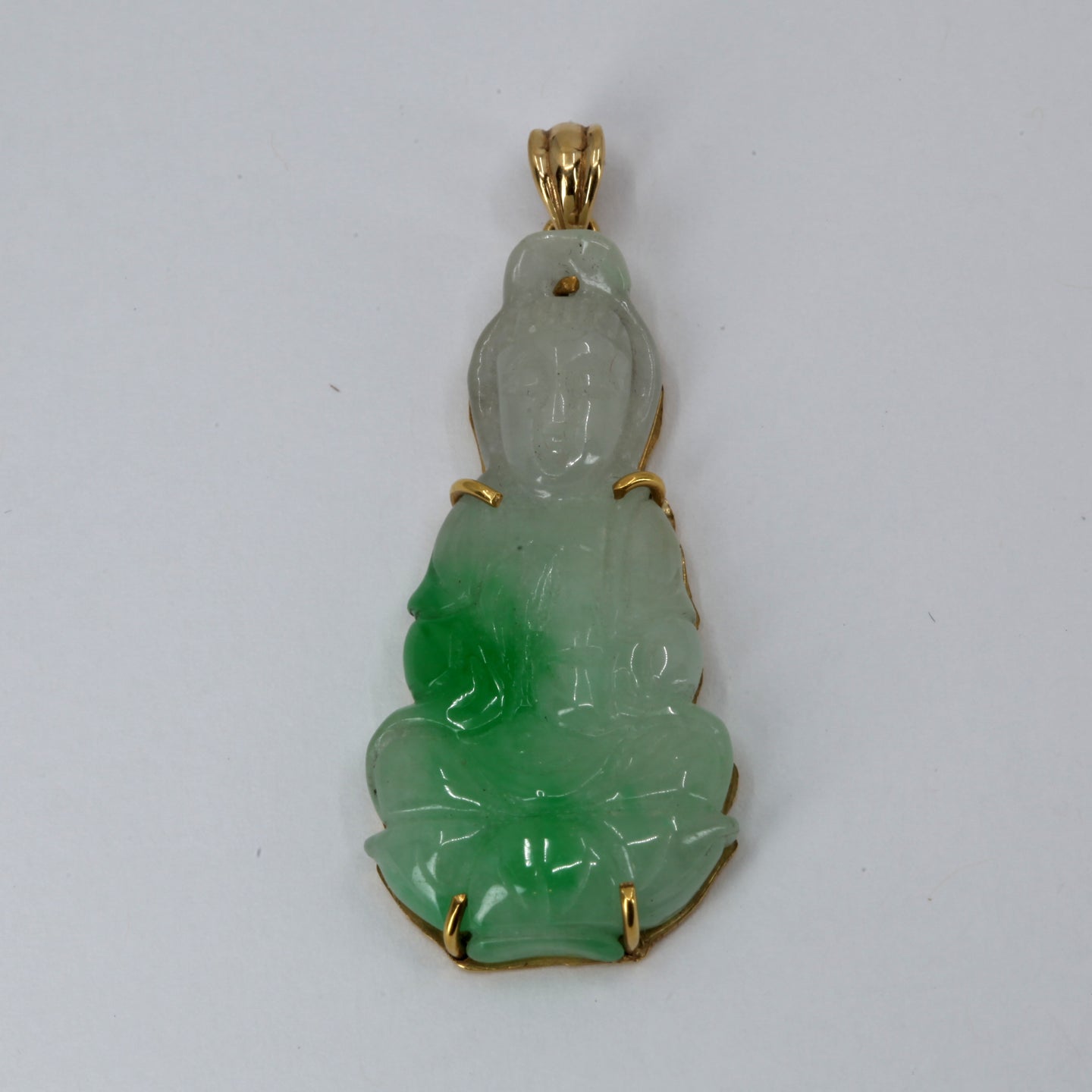 18K Solid Yellow Gold Buddha Guan Yin Jade Pendant 7.6 Grams