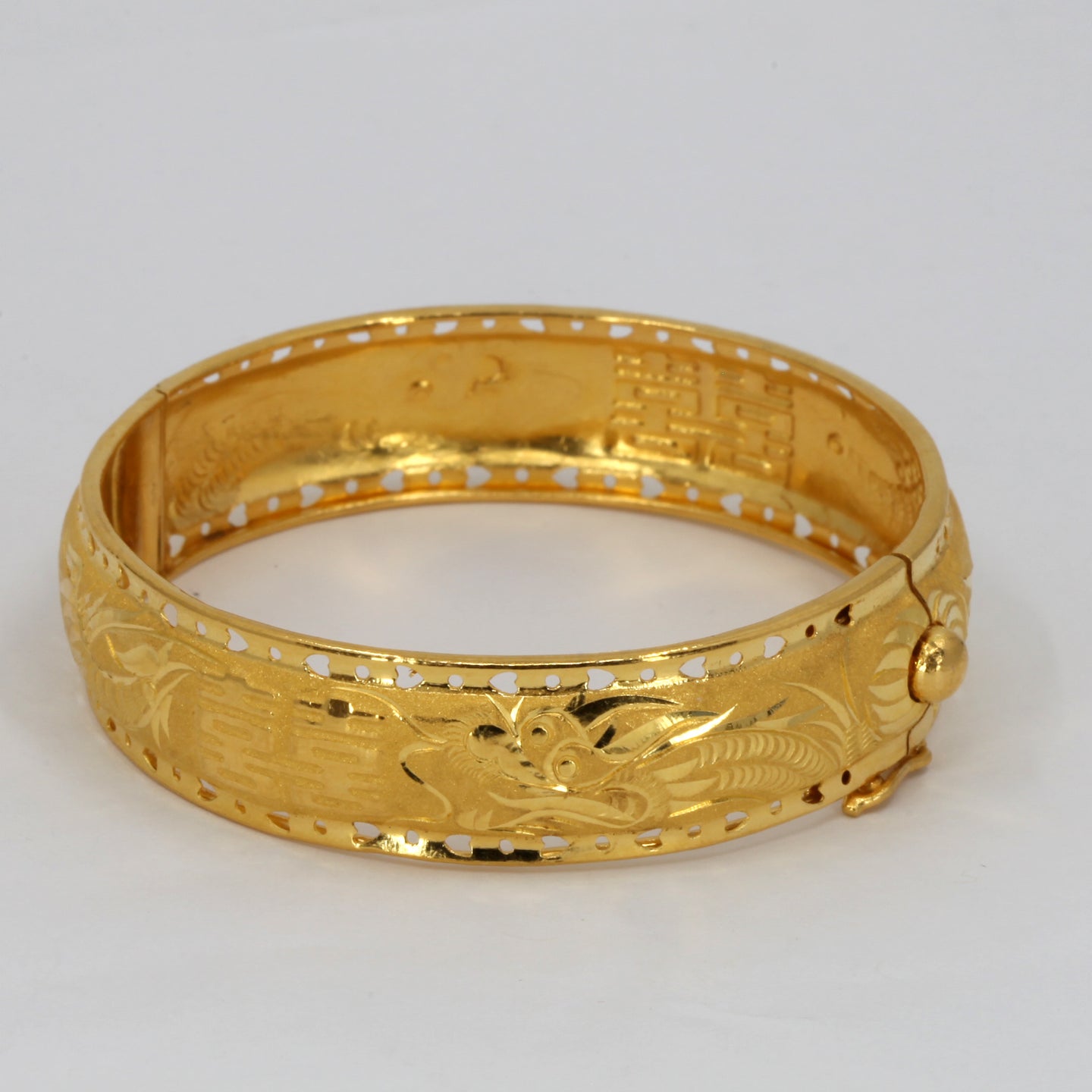 24K Solid Yellow Gold Dragon Phoenix Double Happiness Bangle 22.77 Grams 9999