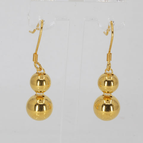 24K Solid Yellow Gold Double Sphere Hanging Earrings 7.1 Grams