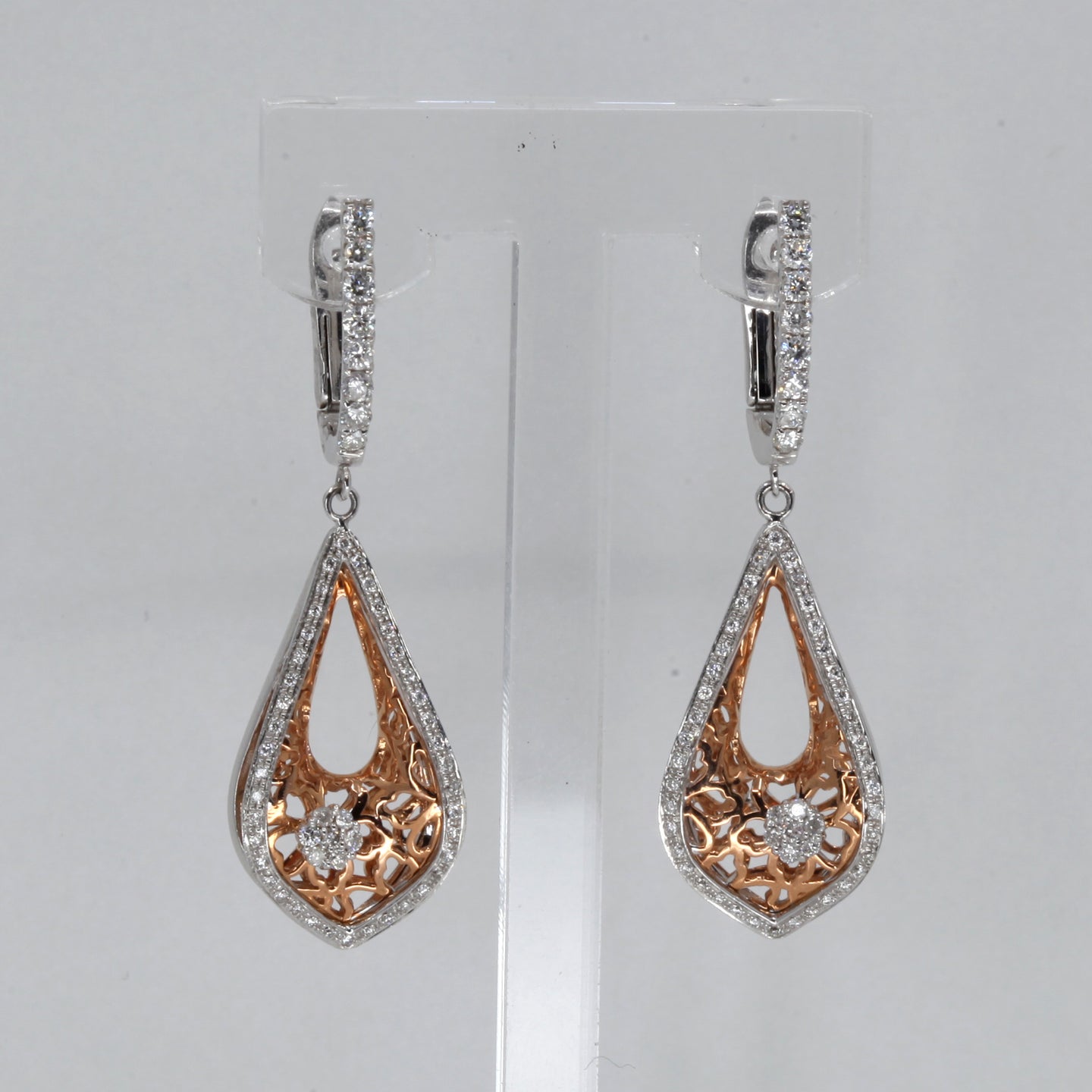 14K Solid White Rose Gold Diamond Hanging Hoop Earrings D0.65 CT