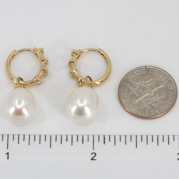 14K Yellow Gold Diamond White Pearl Hanging Earrings D0.36 CT