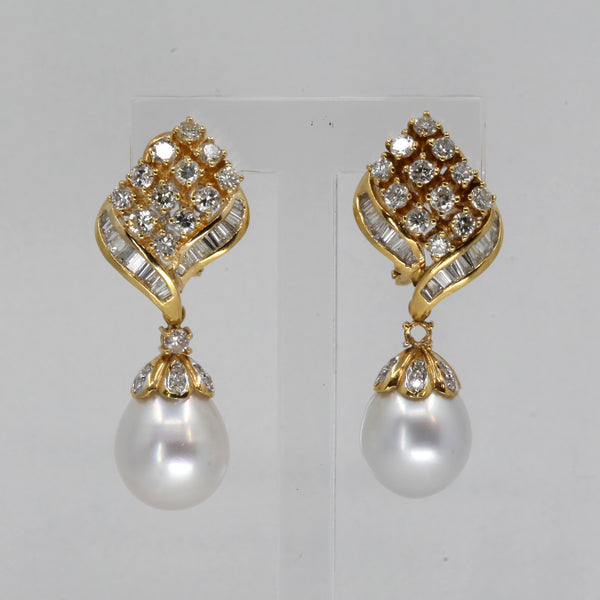 18K Yellow Gold Diamond South Sea White Pearl French Clip Hanging Earrings D2.50 CT