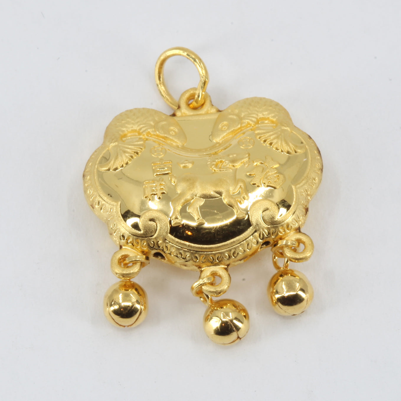 24K Solid Yellow Gold Baby Puffy Sheep Longevity Lock with Bells Hollow Pendant 3.8 Grams