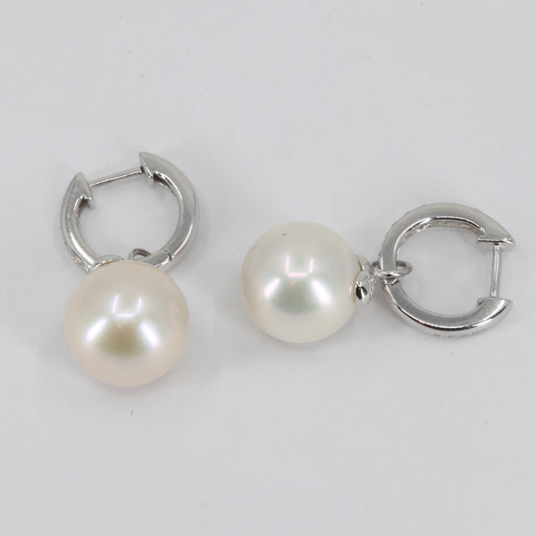 18K White Gold Diamond White Pearl Hanging Earrings D0.40 CT
