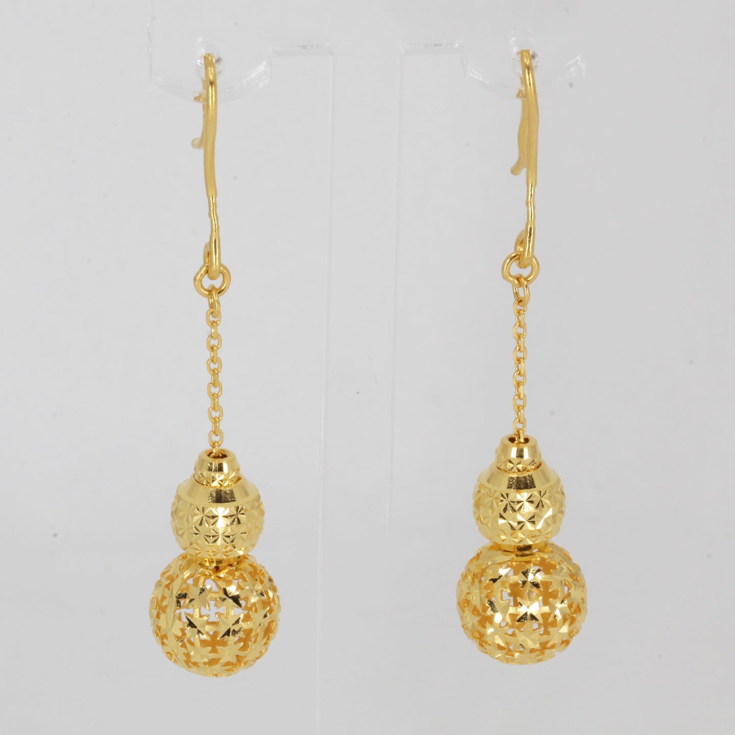 24K Solid Yellow Gold Triple Sphere Hanging Earrings 7.4 Grams