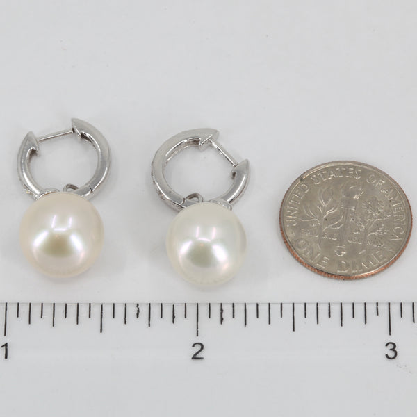 18K White Gold Diamond White Pearl Hanging Earrings D0.40 CT