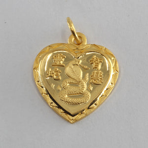 24K Solid Yellow Gold Heart Zodiac Snake Pendant 3.7 Grams