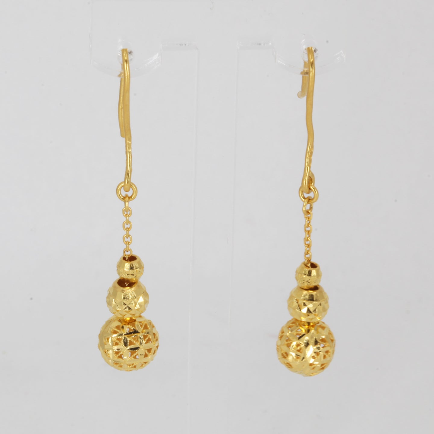 24K Solid Yellow Gold Triple Sphere Hanging Earrings 5.2 Grams