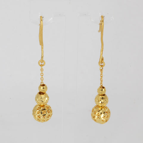 24K Solid Yellow Gold Triple Sphere Hanging Earrings 5.2 Grams