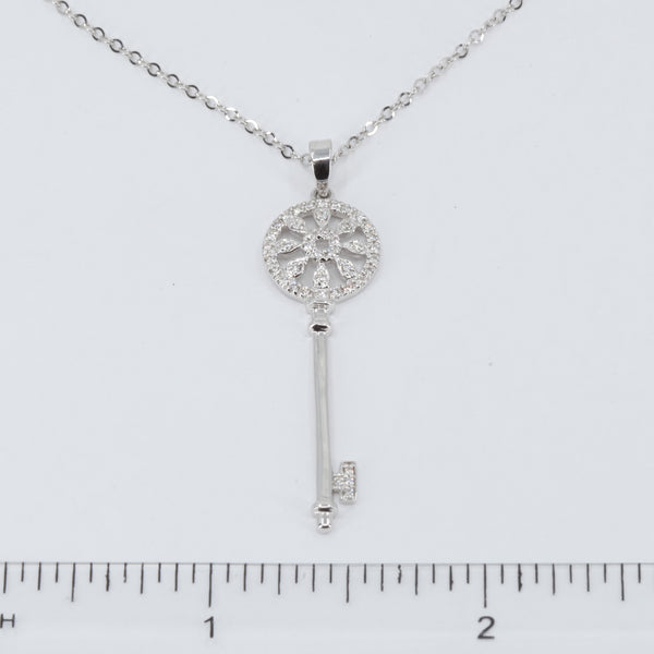 18K Solid White Gold Round Link Chain Necklace with Diamond Key Pendant 18" D0.17 CT