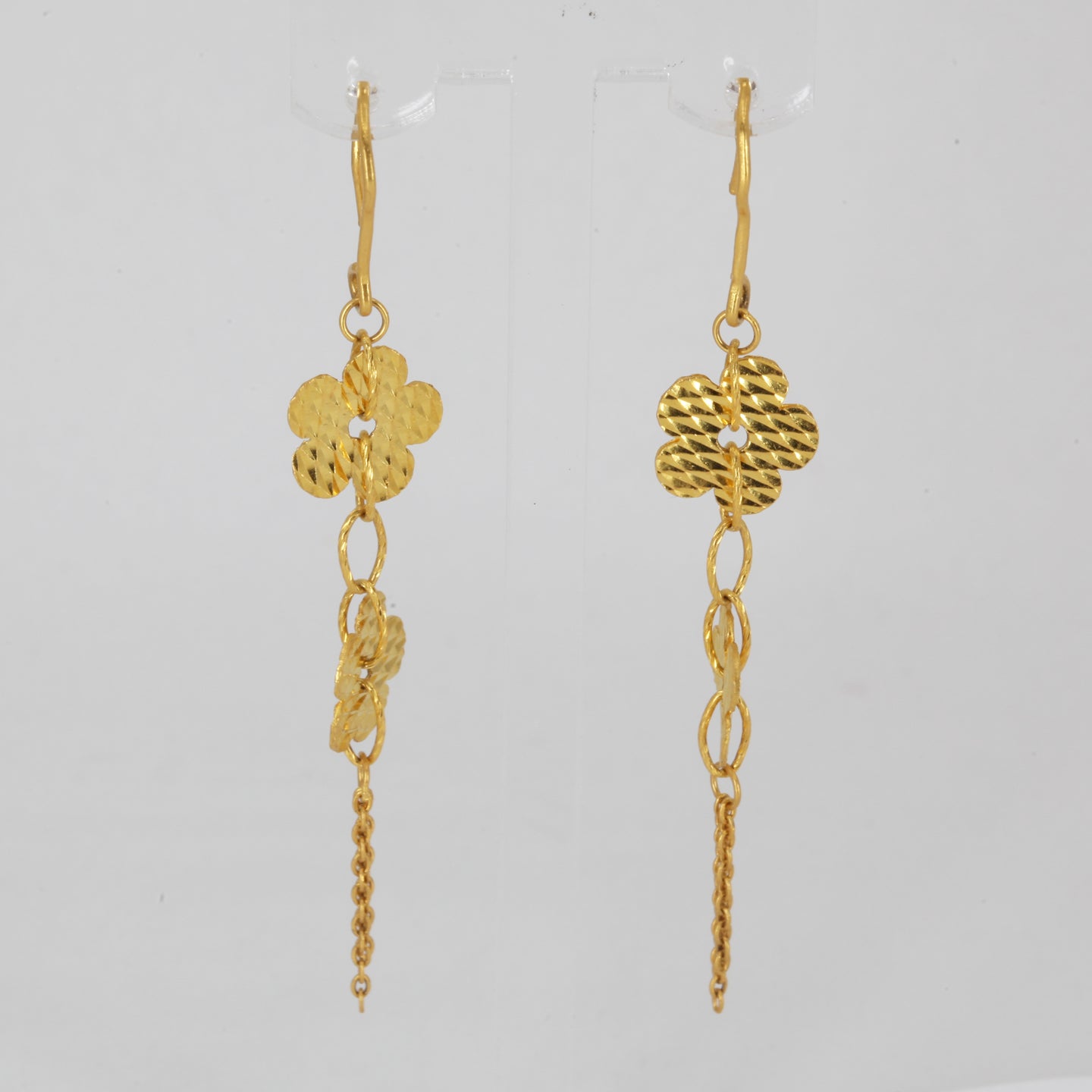 24K Solid Yellow Gold Double Flower Hanging Earrings 5.0 Grams