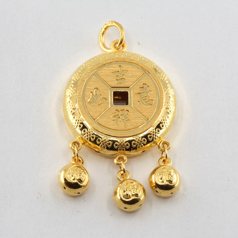 24K Solid Yellow Gold Baby Puffy Longevity Lock with Bells Hollow Pendant 9.5 Grams