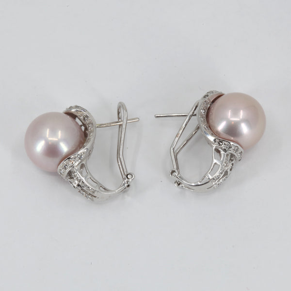 14K White Gold Diamond Pinkish Pearl Hanging French Clip Earrings D0.68 CT