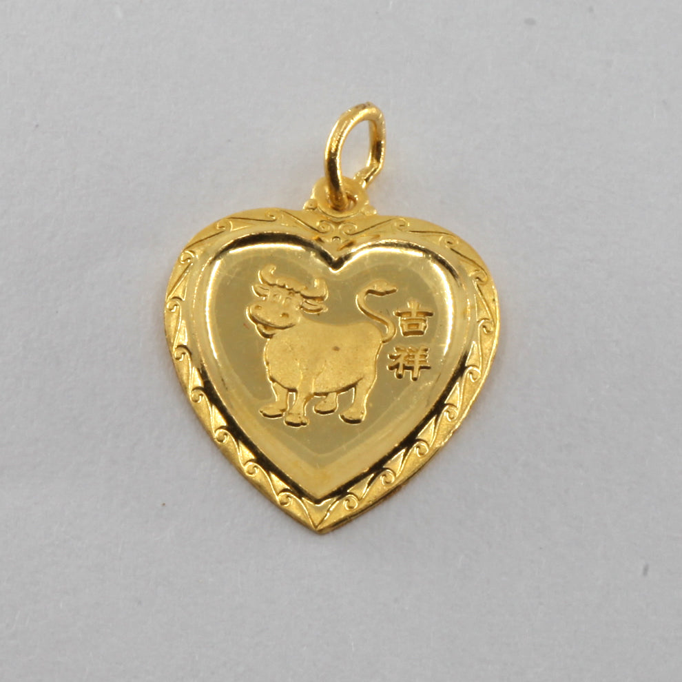 24K Solid Yellow Gold Heart Zodiac Ox Cow Pendant 2.0 Grams